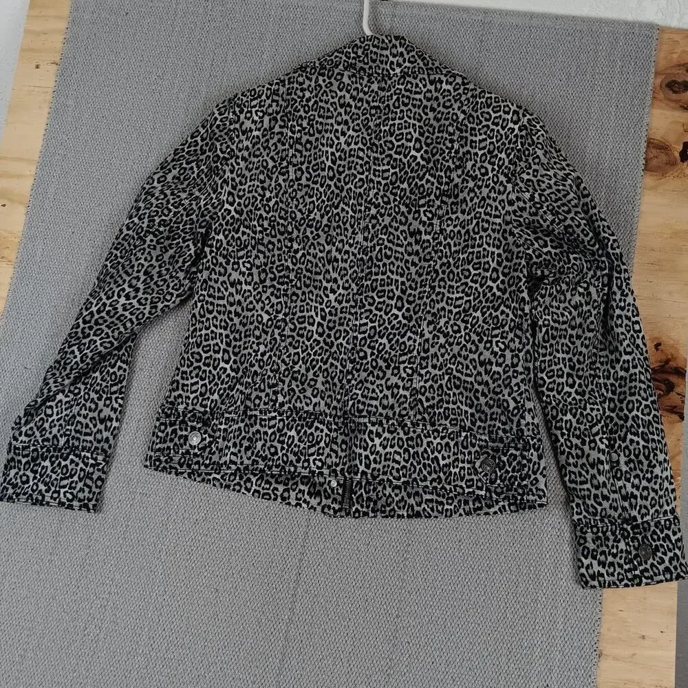 Chico's Brushed Flannel Jacket Womens 0 US 4/6 Gray Leopard Print Stretch Casual